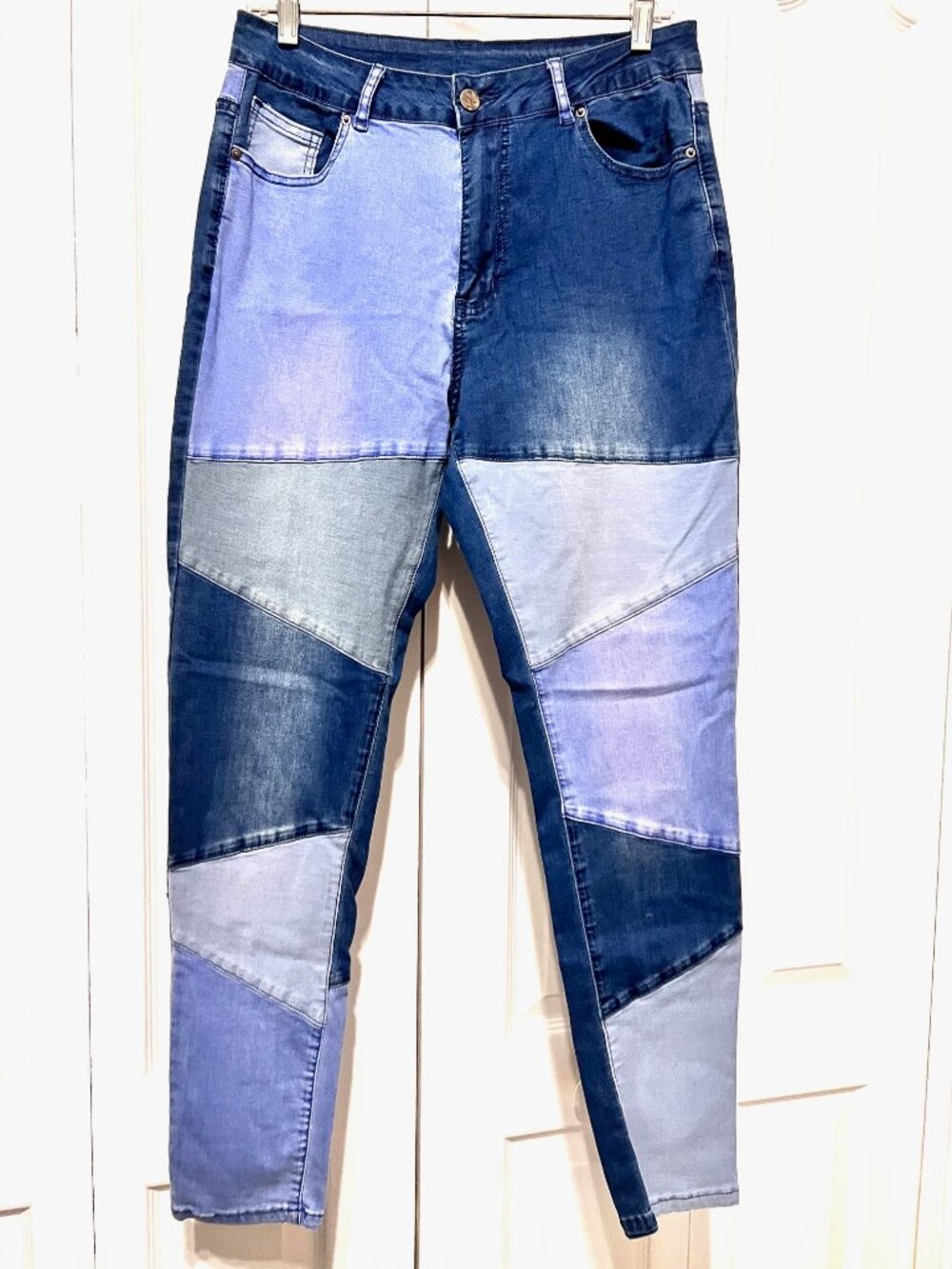 Jeans-Women's Patchwork Skinny Ankle Stretch Jeans-Size Large-Comfy-Blue Mix